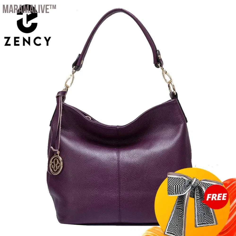 Charm Purple Women Shoulder Bag 100% Genuine Leather Hobos Fashion Lady Messenger Crossbody Purse Elegant Female Handbag