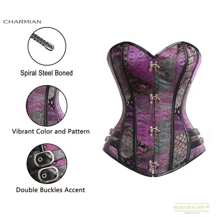 Charmian steampunk corset women Gothic faux leather plus size steel boned overbust bustier corset top brocade Halloween clothing