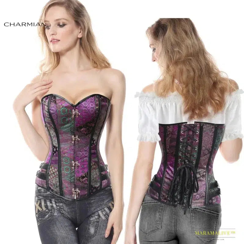 Charmian steampunk corset women Gothic faux leather plus size steel boned overbust bustier corset top brocade Halloween clothing