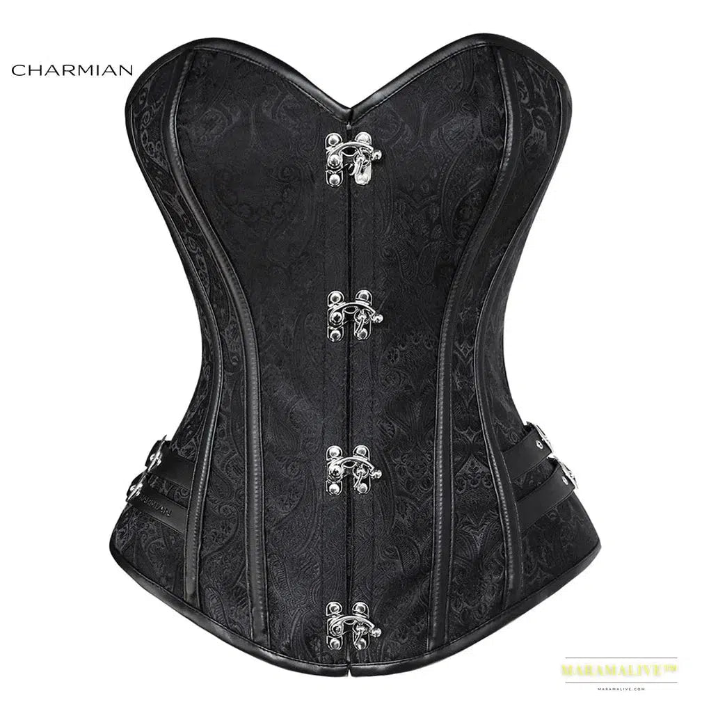 Charmian steampunk corset women Gothic faux leather plus size steel boned overbust bustier corset top brocade Halloween clothing