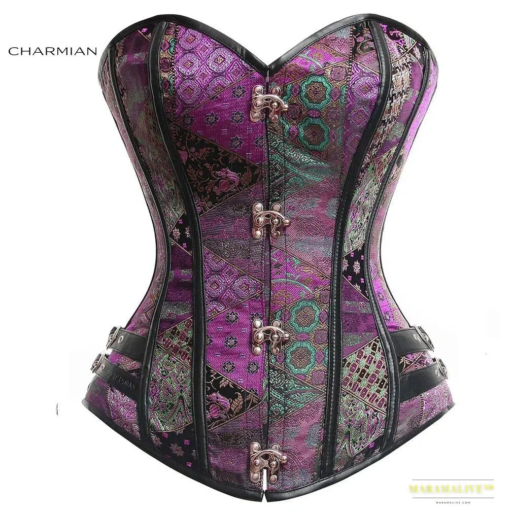 Charmian steampunk corset women Gothic faux leather plus size steel boned overbust bustier corset top brocade Halloween clothing