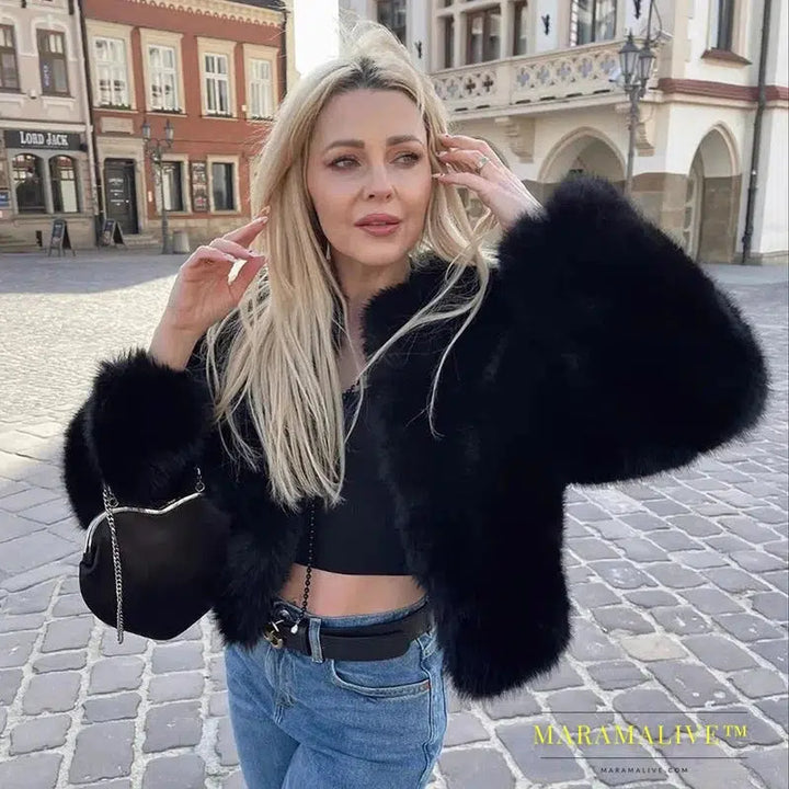 Chic Street Blogger Fashion Girls 2023 Winter Trendy Faux Raccoon Fox Fur Coat Jacket Women Thick Warm Cropped Fluffy Overcoats