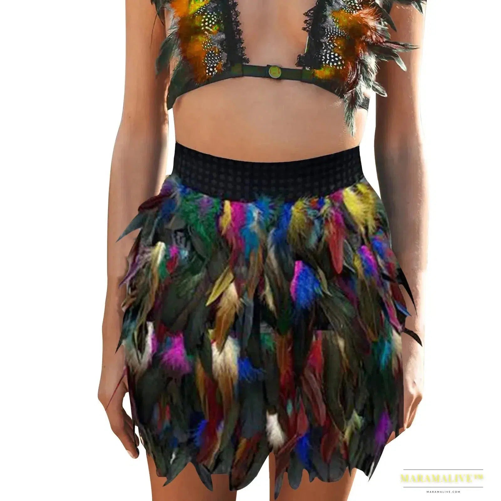 Christmas Spectacle: Women's Feathered Masquerade Mini Skirt Stage Costume in Satin and Lace