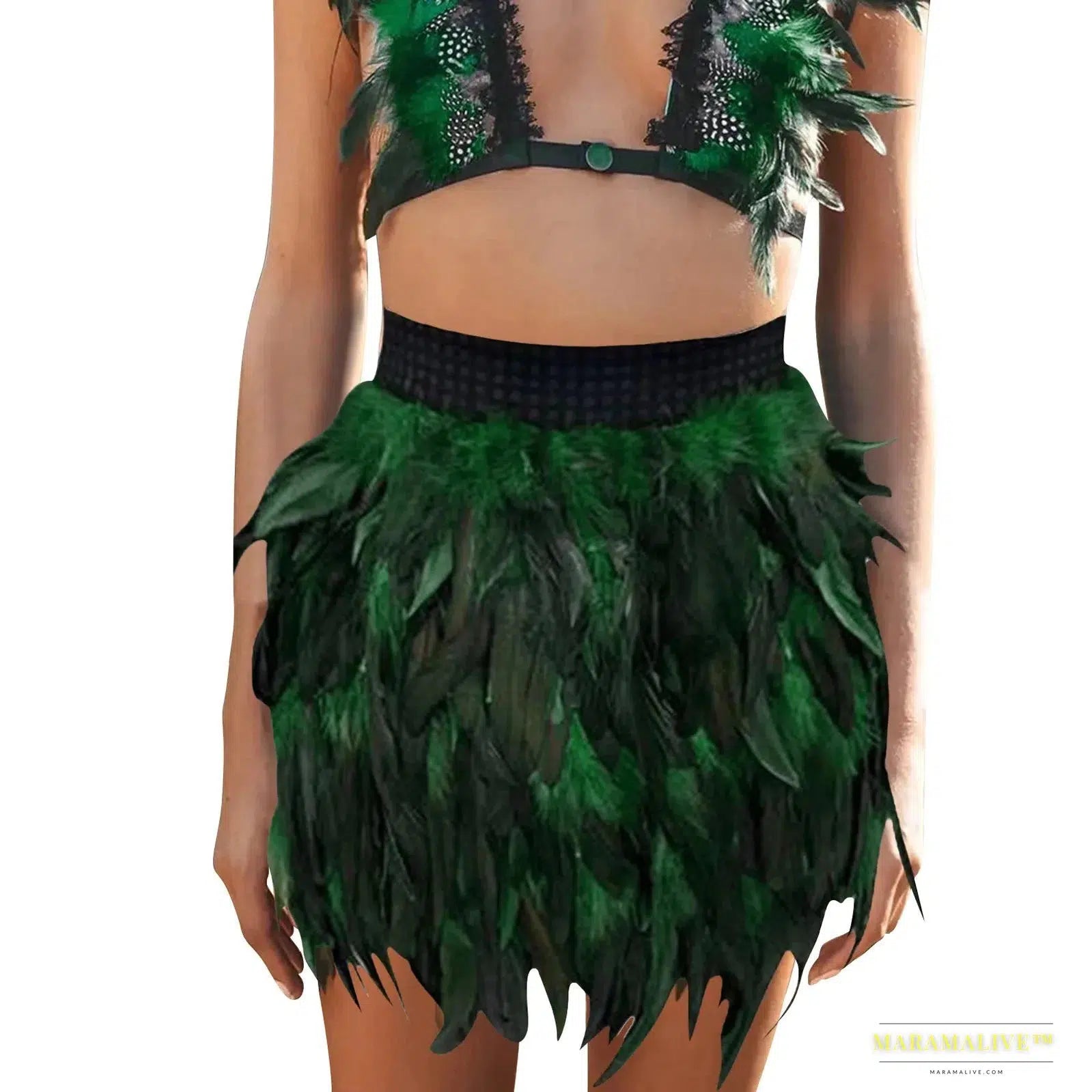 Christmas Spectacle: Women's Feathered Masquerade Mini Skirt Stage Costume in Satin and Lace