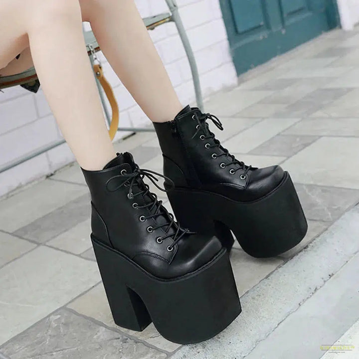 Chunky Heel Motorcycle Boots Women Platform Ankle Boots Lace Up Punk Cosplay Thick Sole Goth Girls Shoes Big Size 43