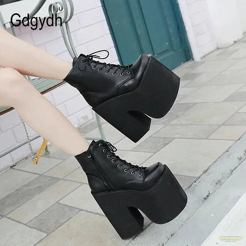 Chunky Heel Motorcycle Boots Women Platform Ankle Boots Lace Up Punk Cosplay Thick Sole Goth Girls Shoes Big Size 43