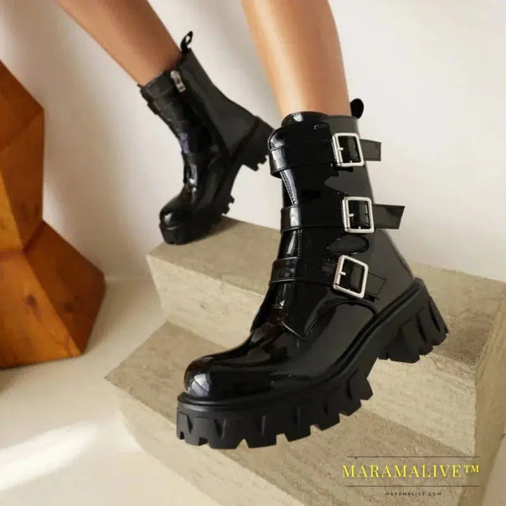 Chunky Heels Motorcycle Buckle Boots Women Bottine Femme Patent Leather Black Purple Flat Platform Thick Sole Ankle Boots Ladies