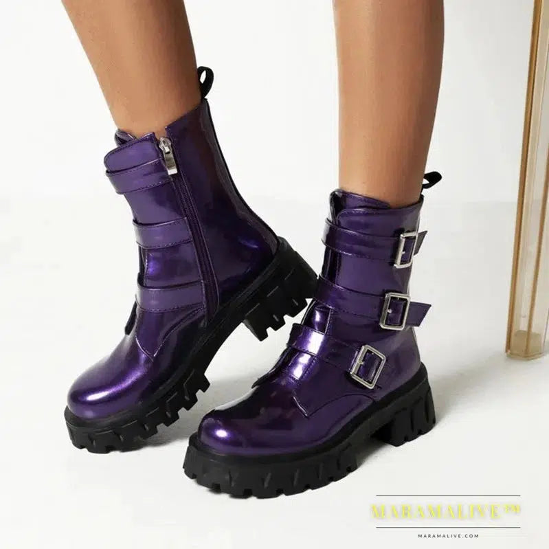 Chunky Heels Motorcycle Buckle Boots Women Bottine Femme Patent Leather Black Purple Flat Platform Thick Sole Ankle Boots Ladies