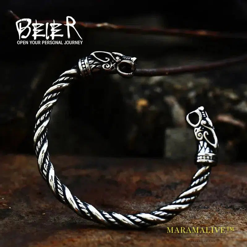 Classic Animal Viking Double Wolf Head Adjustable 316L Stainless Steel Men's Bracelet Fashion Double Snake Heads Jewelry