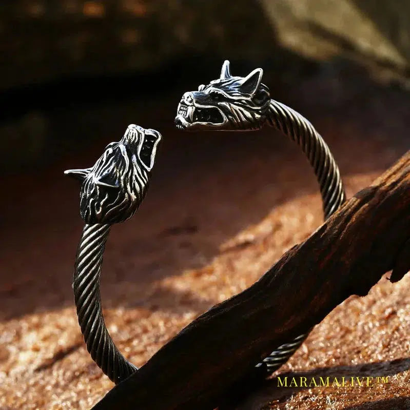 Classic Animal Viking Double Wolf Head Adjustable 316L Stainless Steel Men's Bracelet Fashion Double Snake Heads Jewelry