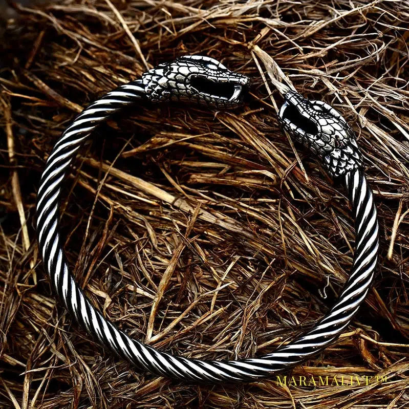 Classic Animal Viking Double Wolf Head Adjustable 316L Stainless Steel Men's Bracelet Fashion Double Snake Heads Jewelry