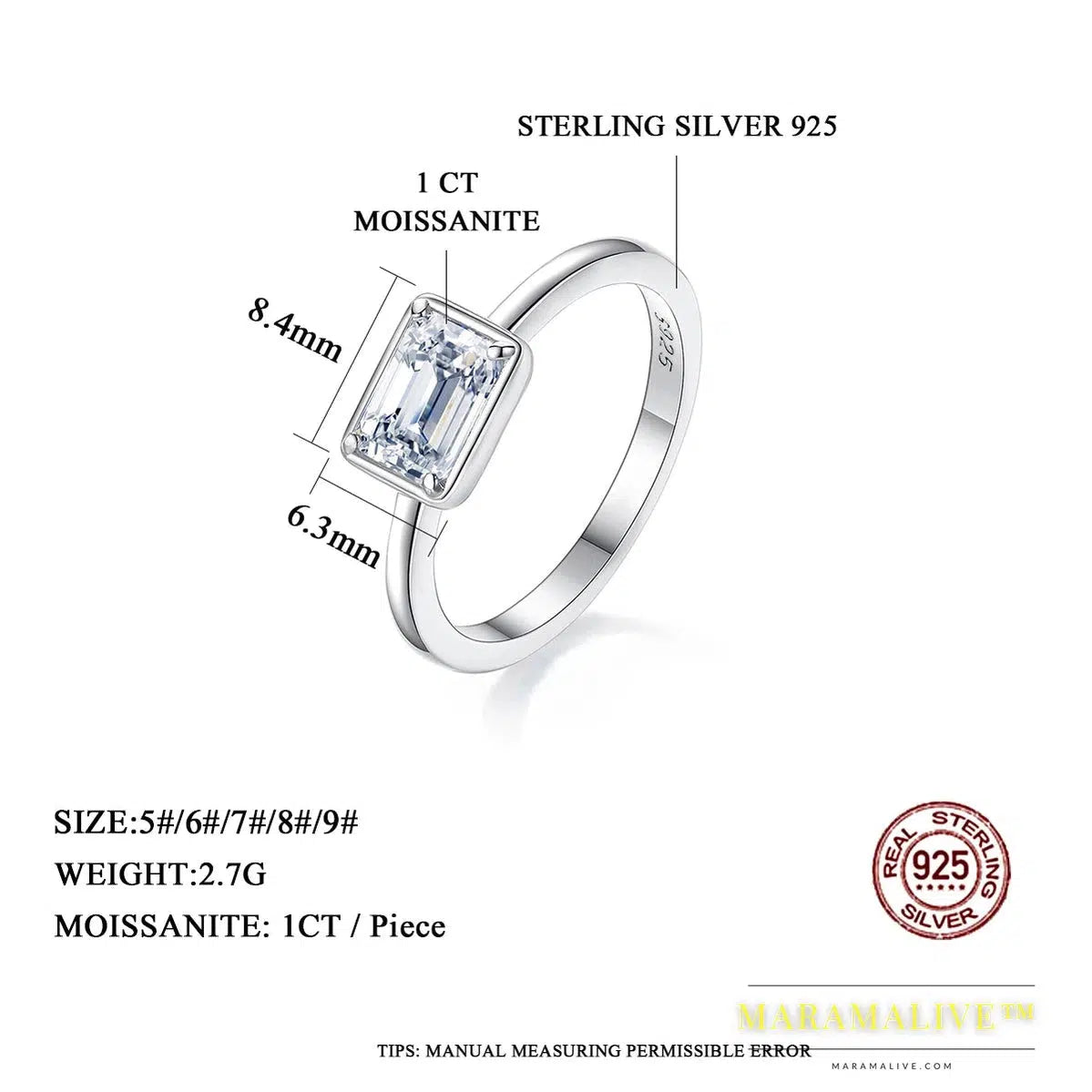 Classic Emerald Cut Moissanite Ring Eternity Sterling Silver 925 1 CT Created Diamond Engagement Wedding Rings For Women