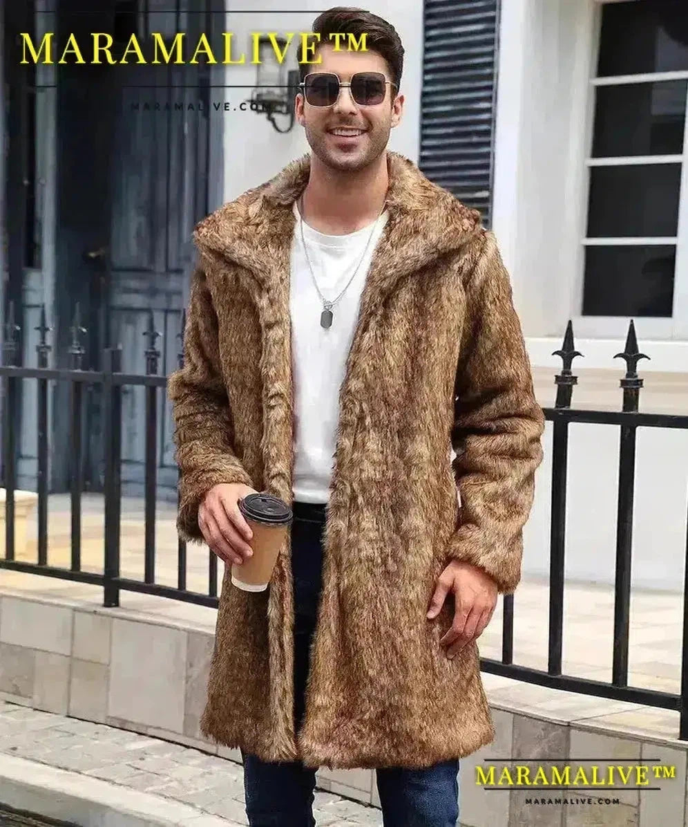 Coat Men's Warm Faux Fur Loose Autumn Winter Brown Long Coats Turn Down Collar Sleeve Men High Waist Maxi Elegant 2024 Jacket