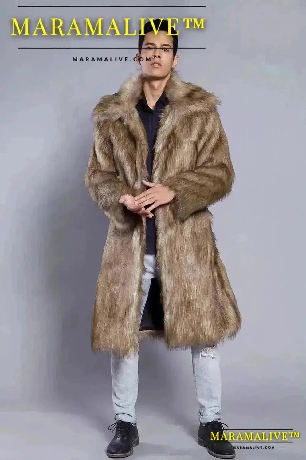 Coat Men's Warm Faux Fur Loose Autumn Winter Brown Long Coats Turn Down Collar Sleeve Men High Waist Maxi Elegant 2024 Jacket