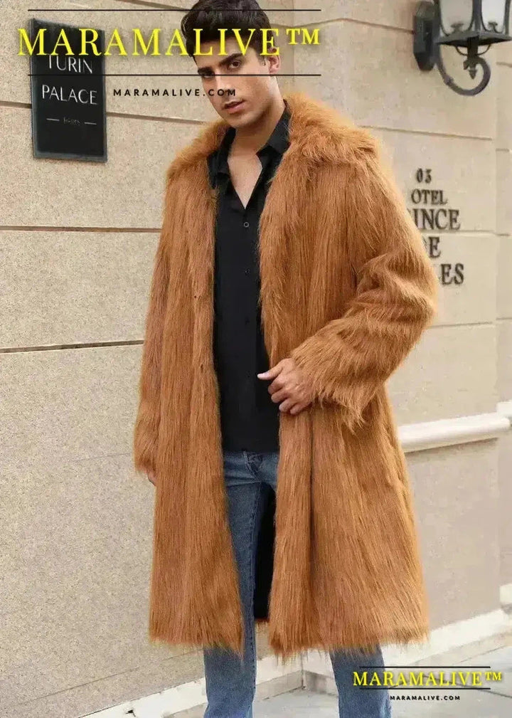 Coat Men's Warm Faux Fur Loose Autumn Winter Brown Long Coats Turn Down Collar Sleeve Men High Waist Maxi Elegant 2024 Jacket