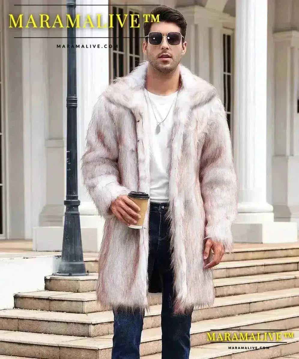 Coat Men's Warm Faux Fur Loose Autumn Winter Brown Long Coats Turn Down Collar Sleeve Men High Waist Maxi Elegant 2024 Jacket