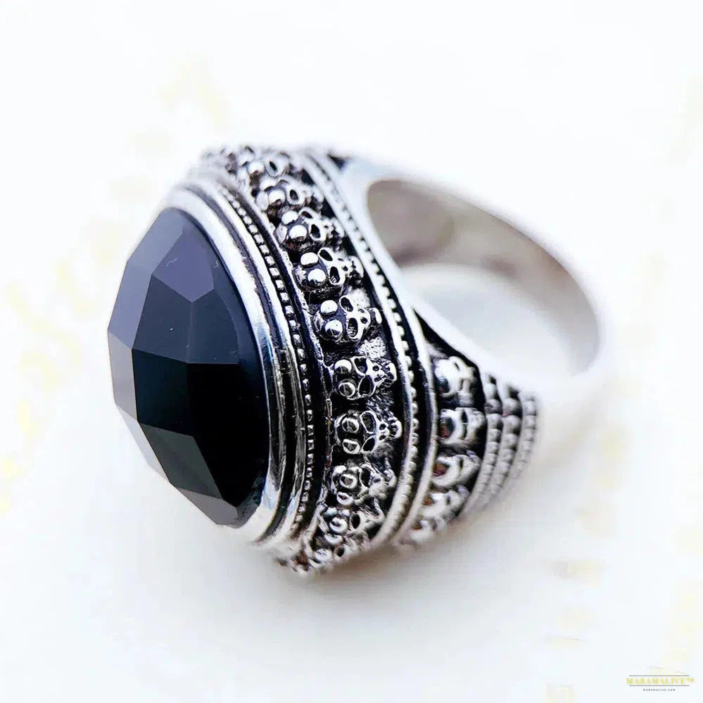 Cocktail Ring Black Oval CZ Skull Skeleton,Europe Style Fashion Jewelry Gift In 925 Sterling Silver For Men & Women