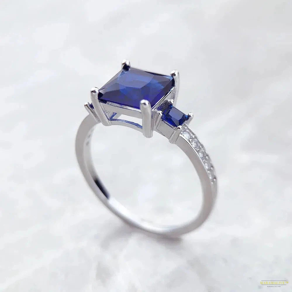 Cocktail Ring With Square Blue And White Stones,Europe Style Classical Fine Jewerly For Women New Gift In 925 Sterling Silver