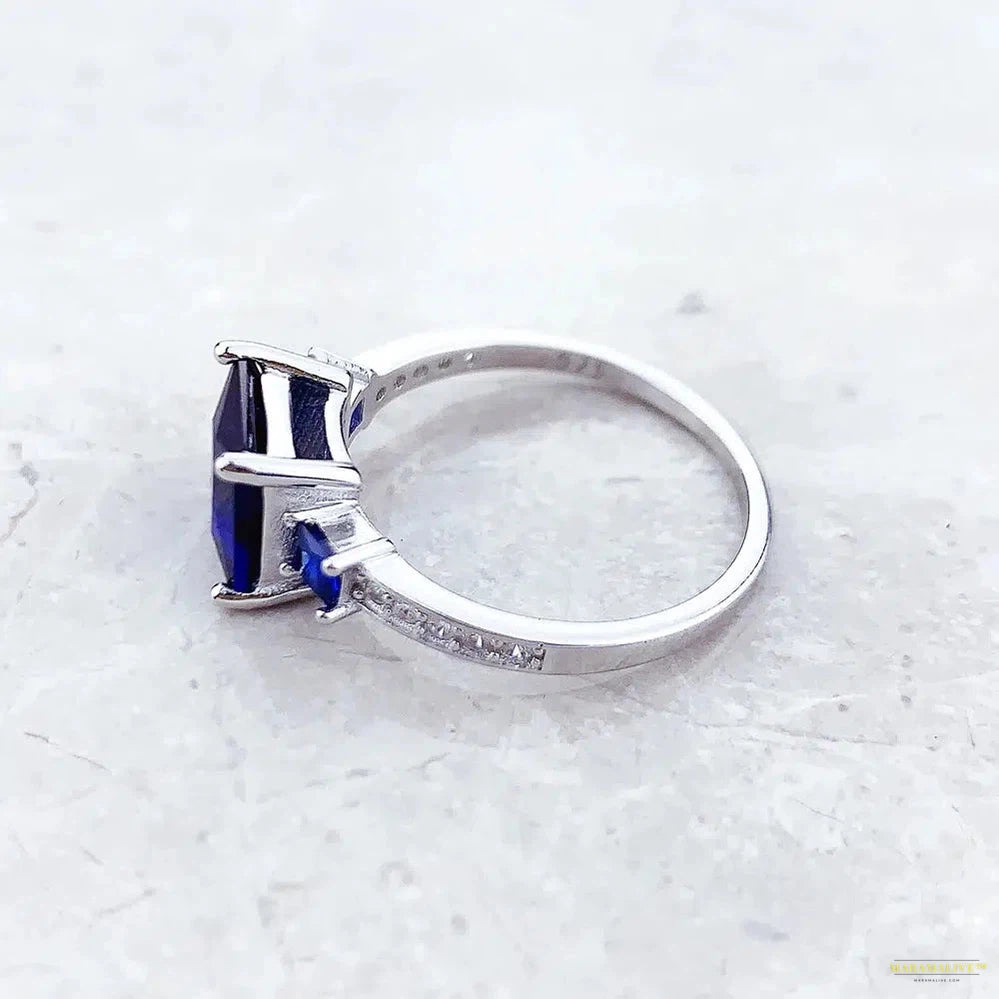 Cocktail Ring With Square Blue And White Stones,Europe Style Classical Fine Jewerly For Women New Gift In 925 Sterling Silver