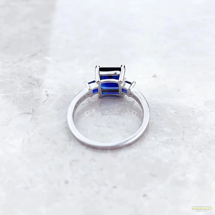 Cocktail Ring With Square Blue And White Stones,Europe Style Classical Fine Jewerly For Women New Gift In 925 Sterling Silver