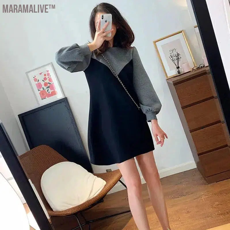 Color Blocking Patchwork Autumn Fake Two-piece Round Neck Lantern Sleeve Dress Spring Fashionable Loose Versatile Mini Skirt