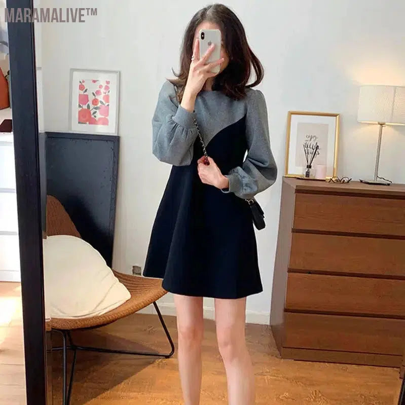 Color Blocking Patchwork Autumn Fake Two-piece Round Neck Lantern Sleeve Dress Spring Fashionable Loose Versatile Mini Skirt