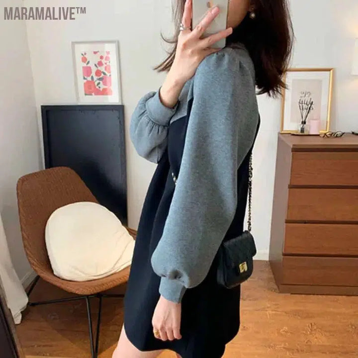 Color Blocking Patchwork Autumn Fake Two-piece Round Neck Lantern Sleeve Dress Spring Fashionable Loose Versatile Mini Skirt