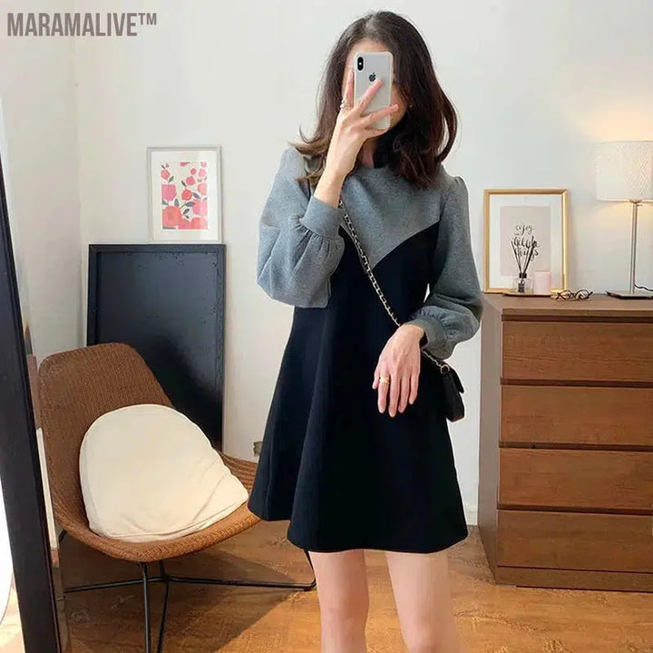 Color Blocking Patchwork Autumn Fake Two-piece Round Neck Lantern Sleeve Dress Spring Fashionable Loose Versatile Mini Skirt