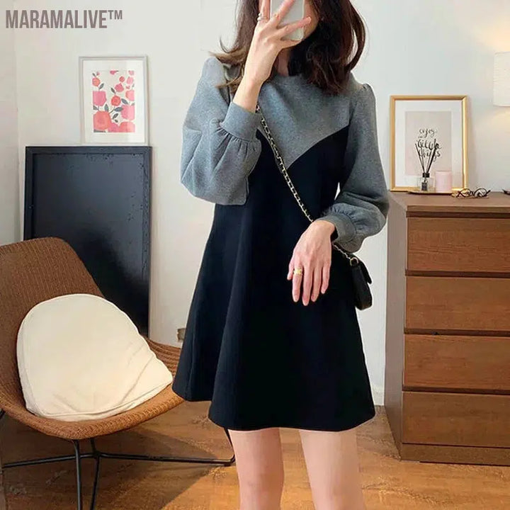 Color Blocking Patchwork Autumn Fake Two-piece Round Neck Lantern Sleeve Dress Spring Fashionable Loose Versatile Mini Skirt