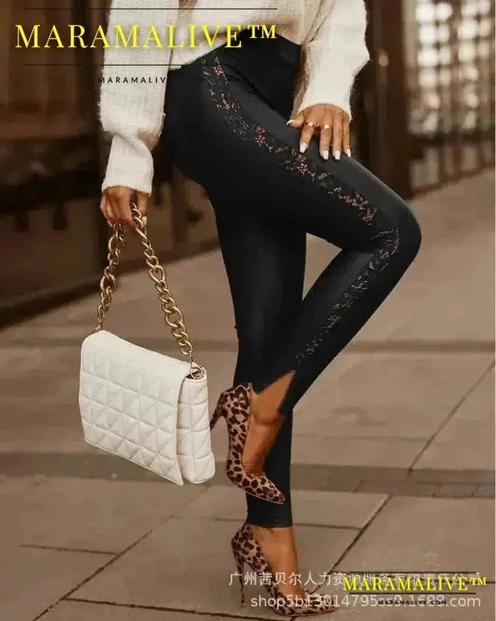 Contrast Lace Zipper Detail Skinny PU Leather Pants Women High Waist Pants Spring 2024 Slim Bodycon Long Pants Pencil Trousers