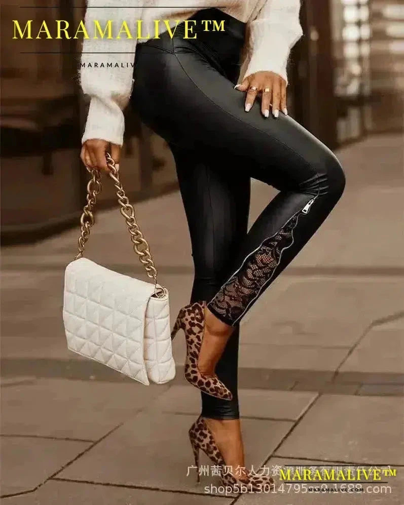 Contrast Lace Zipper Detail Skinny PU Leather Pants Women High Waist Pants Spring 2024 Slim Bodycon Long Pants Pencil Trousers