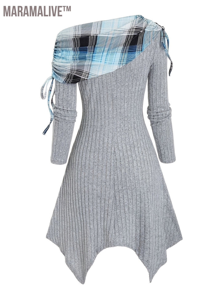 Contrast Plaid Cowl Neck Dress, Vintage Long Sleeve Asymmetrical Dress, Women's Clothing