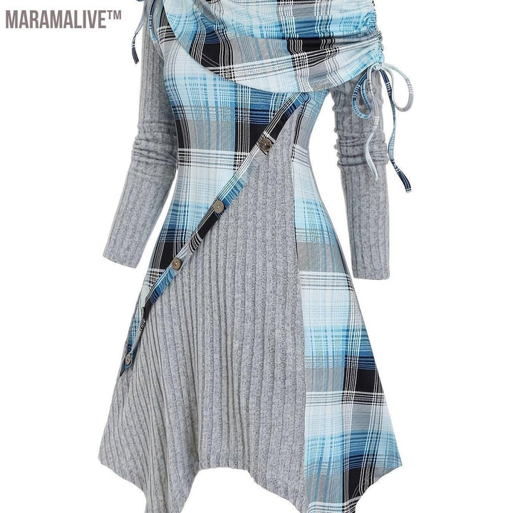 Contrast Plaid Cowl Neck Dress, Vintage Long Sleeve Asymmetrical Dress, Women's Clothing