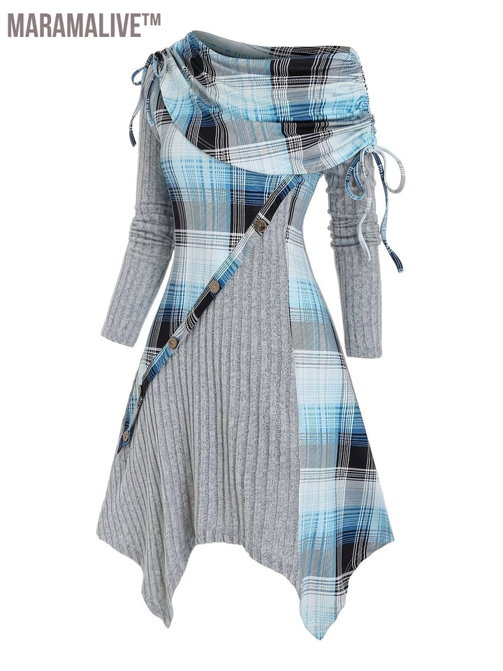 Contrast Plaid Cowl Neck Dress, Vintage Long Sleeve Asymmetrical Dress, Women's Clothing