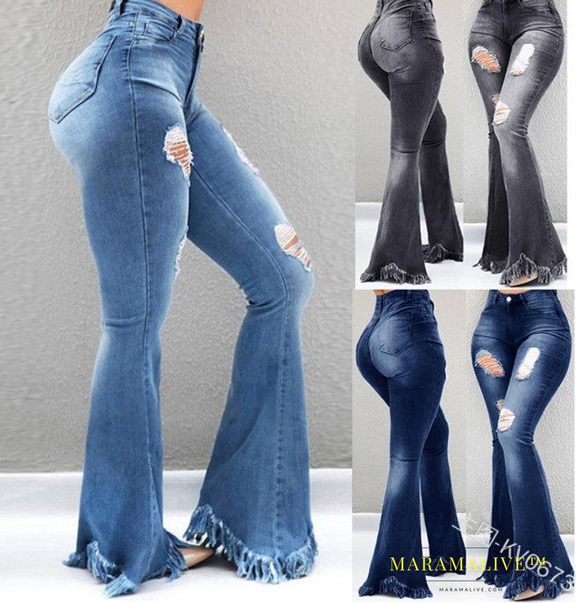 Cool Fashion Personality, Worn-Out Holes, White High-Waisted Jeans, Thin, Fringed Fringe Weird Denim Jeans For Ladies