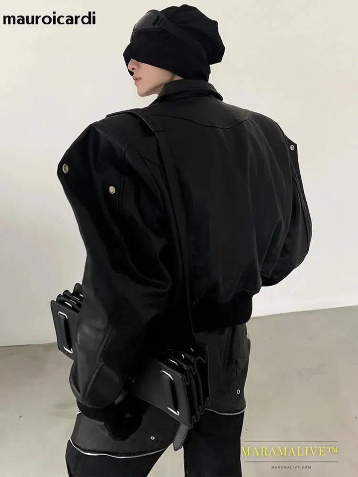 Cool Handsome Short Oversized Black Pu Leather Jacket Men with Shoulder Pads Long Sleeve Zipper 2023