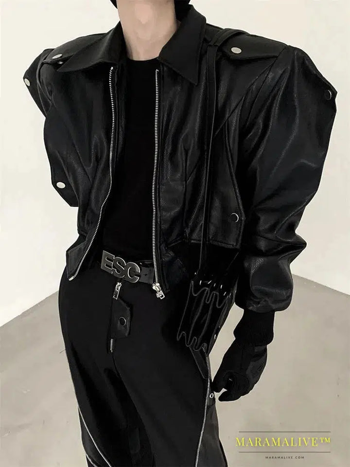 Cool Handsome Short Oversized Black Pu Leather Jacket Men with Shoulder Pads Long Sleeve Zipper 2023