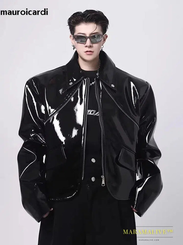 Cool Loose Short Black Shiny Reflective Patent Faux Leather Jacket Men Zipper Luxury Designer Clothes