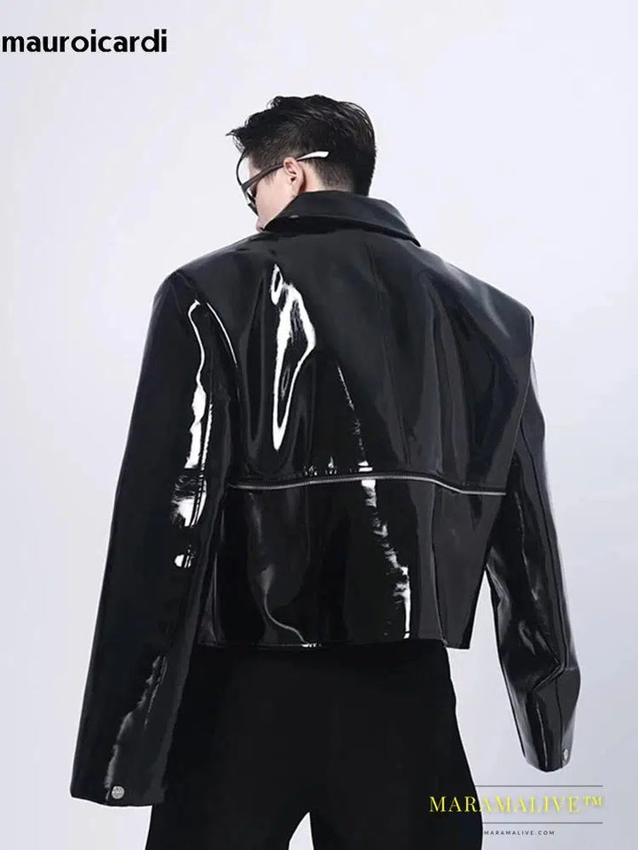 Cool Loose Short Black Shiny Reflective Patent Faux Leather Jacket Men Zipper Luxury Designer Clothes