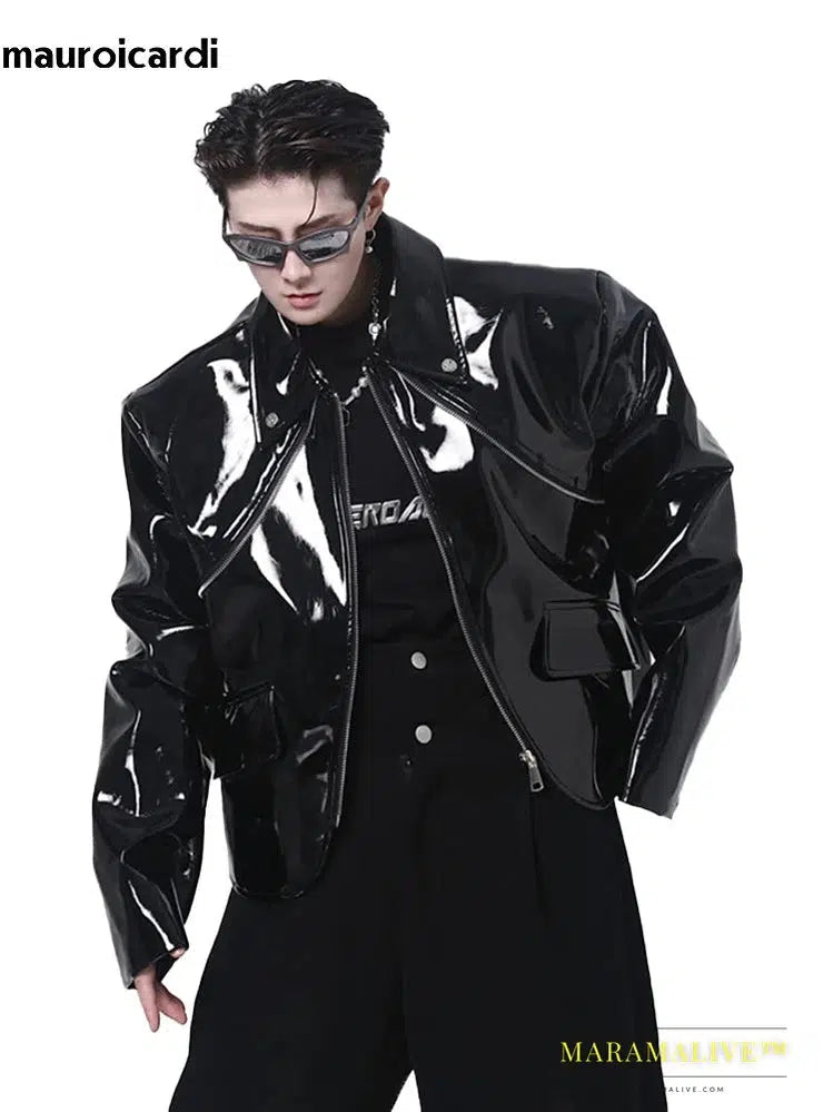 Cool Loose Short Black Shiny Reflective Patent Faux Leather Jacket Men Zipper Luxury Designer Clothes