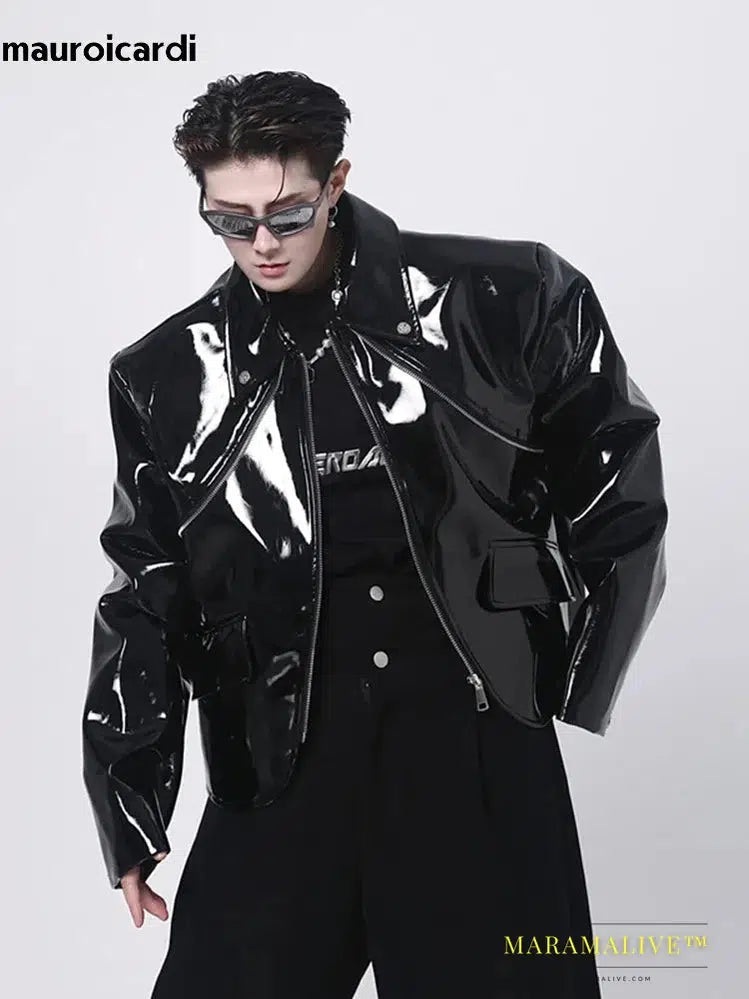 Cool Loose Short Black Shiny Reflective Patent Faux Leather Jacket Men Zipper Luxury Designer Clothes