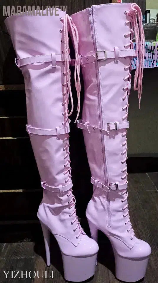 Cool pink stylish 15-23cm heels, pole dancing performance/modeling boots, sexy over-the-knee boots