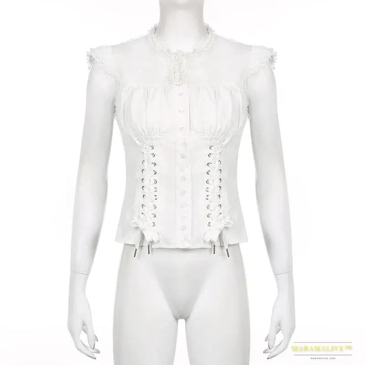 Coquette Aesthetic Single-Breasted Bandage Design Blouse: Sweet Drop Sleeves & Fairycore Style