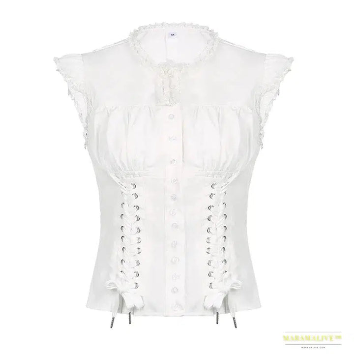 Coquette Aesthetic Single-Breasted Bandage Design Blouse: Sweet Drop Sleeves & Fairycore Style