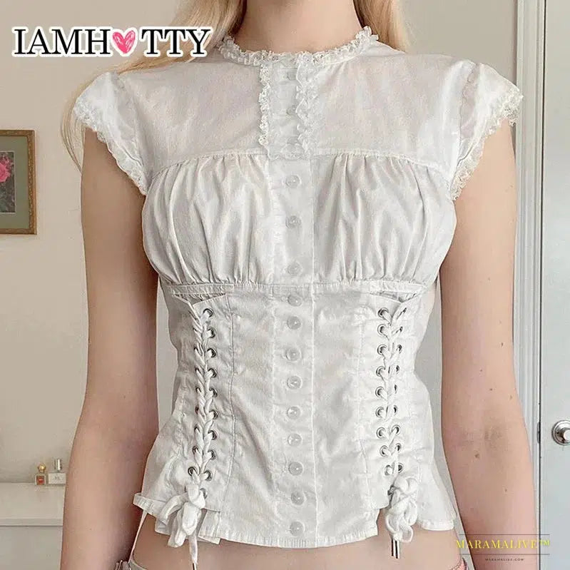 Coquette Aesthetic Single-Breasted Bandage Design Blouse: Sweet Drop Sleeves & Fairycore Style