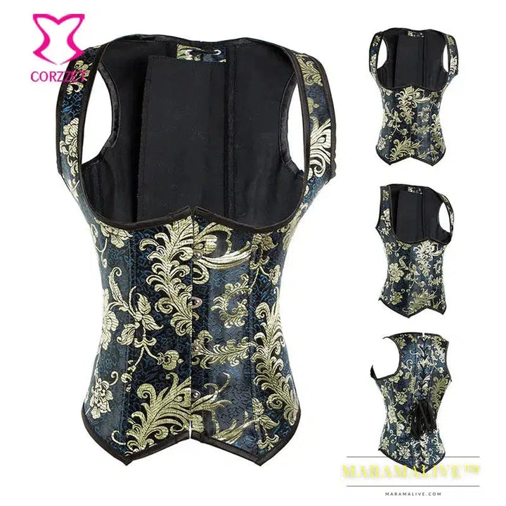 Corsets and Bustiers Women Sexy Underbust Steampunk Glitter Embroidery Gold Brocade Steel Boned Waist Trainer Corset Party Wear