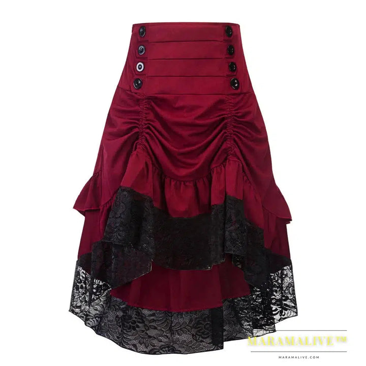 Costumes Steampunk Gothic Skirt Lace Women Clothing High Low Ruffle Party Lolita Red Medieval Victorian Punk Skater Button Front