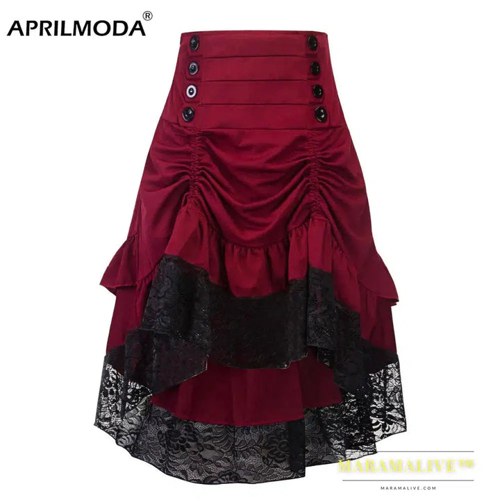 Costumes Steampunk Gothic Skirt Lace Women Clothing High Low Ruffle Party Lolita Red Medieval Victorian Punk Skater Button Front