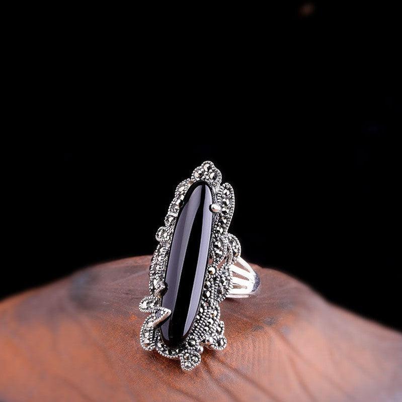 Craft Thai Silver Ladies Design Black Agate Ring