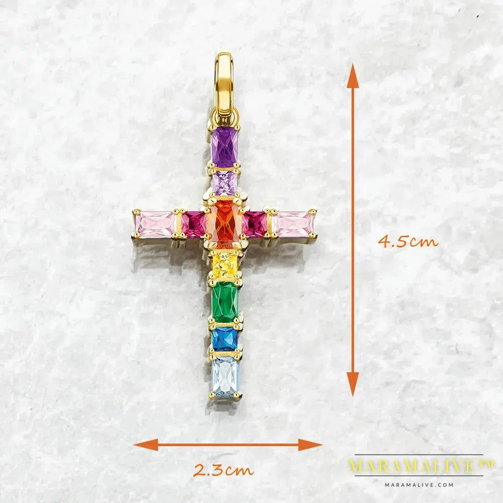 Cross with Colourful Stones Gold Plated Pendant Brand New Fine Jewelry 925 Sterling Silver Accessories Faith Gift For Woman